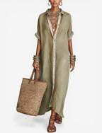 Women’s Flowing Midi Shirt Dress with Relaxed Fit and Button Detail