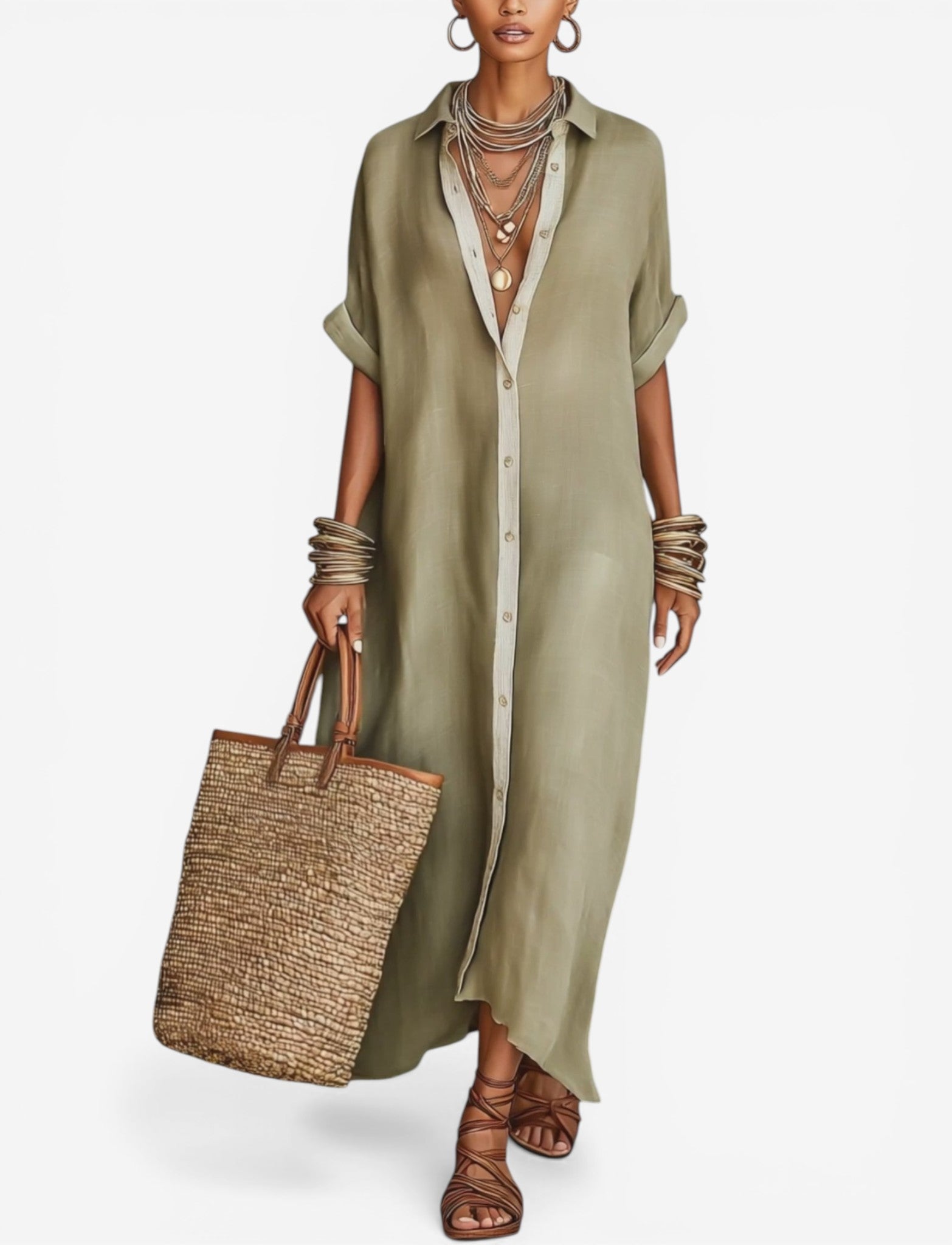 Women’s Flowing Midi Shirt Dress with Relaxed Fit and Button Detail