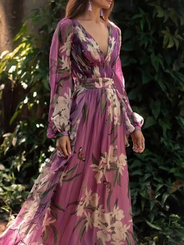 Maxikleid für Damen mit Blumenmuster, V-Ausschnitt und langen Ballonärmeln für elegante Anlässe