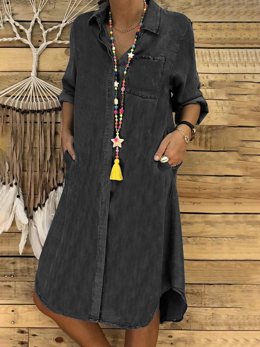 Women's Denim-Look Shirt Dress with Relaxed Fit