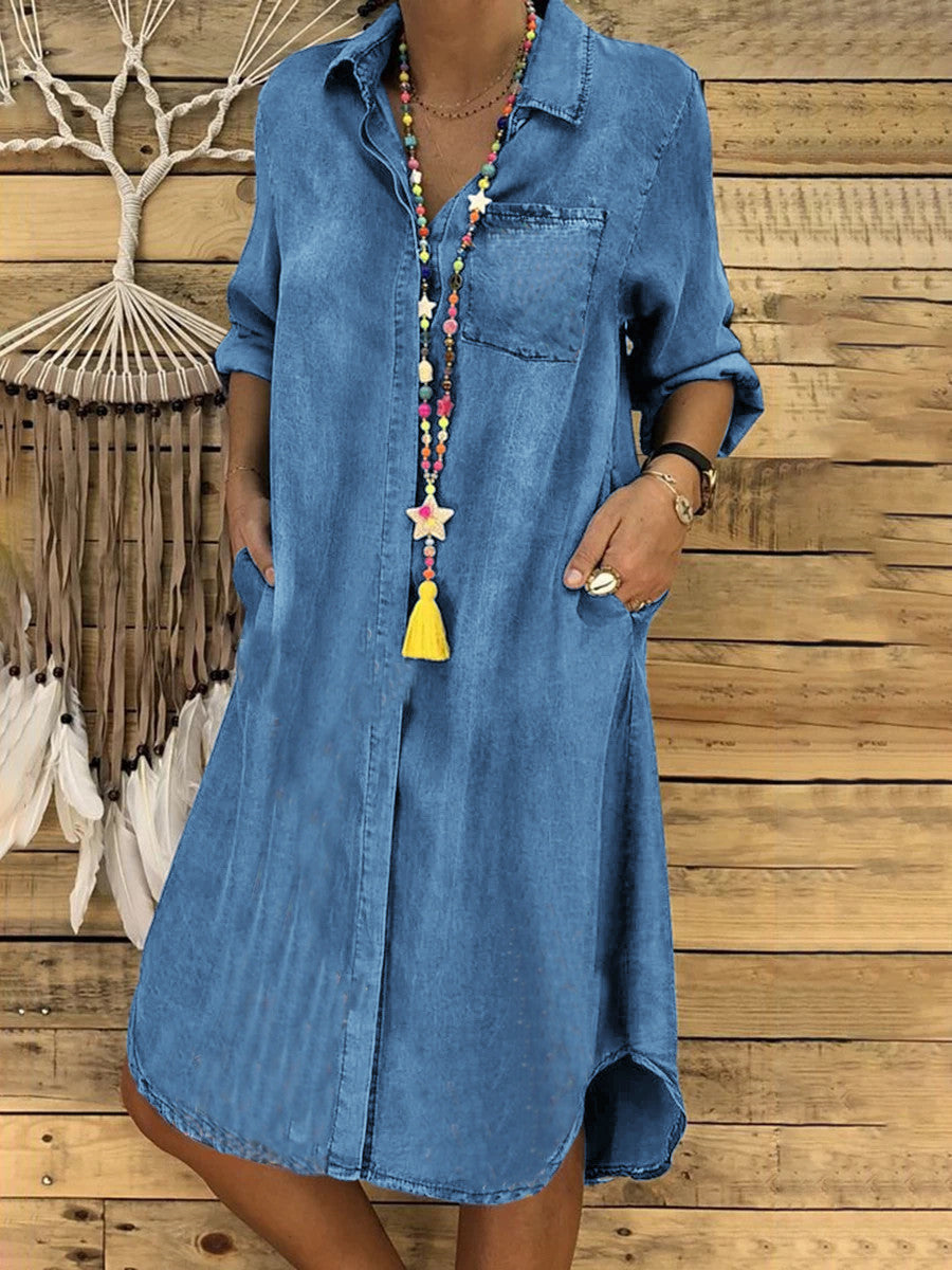 Women's Denim-Look Shirt Dress with Relaxed Fit