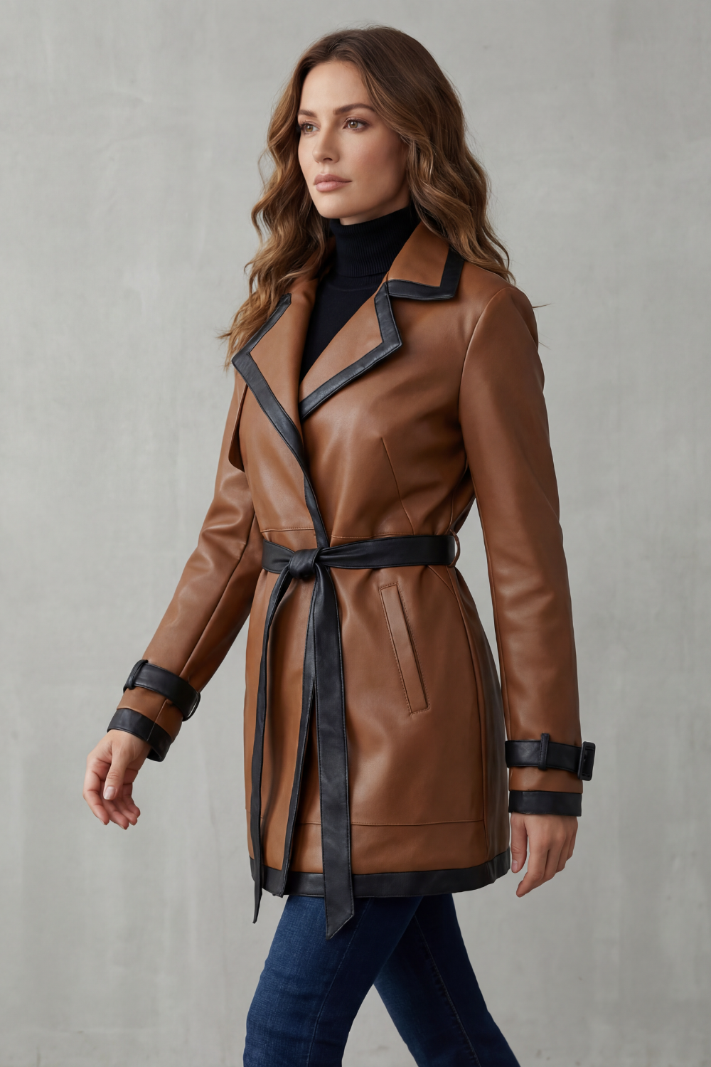 Gabardina de mujer con cinturón y ribete en contraste