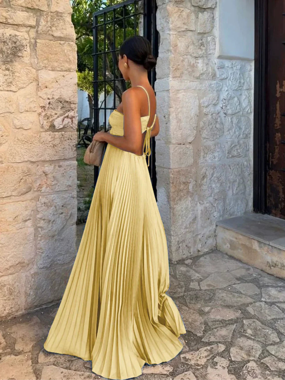 Women's Pleated Halter Neck Cutout Maxi Dress with Ruffle Hem