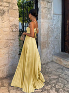 Women's Pleated Halter Neck Cutout Maxi Dress with Ruffle Hem