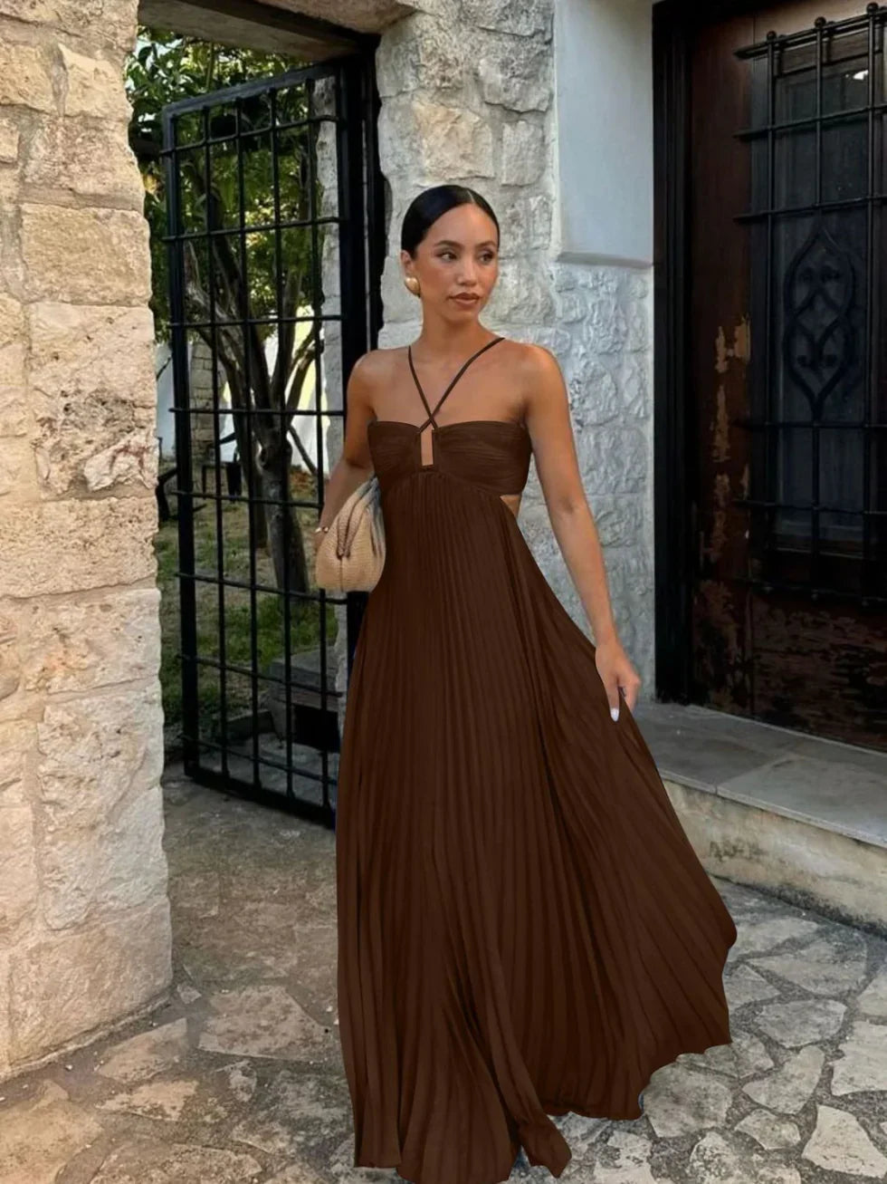 Women's Pleated Halter Neck Cutout Maxi Dress with Ruffle Hem