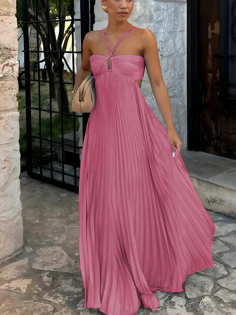 Women's Pleated Halter Neck Cutout Maxi Dress with Ruffle Hem
