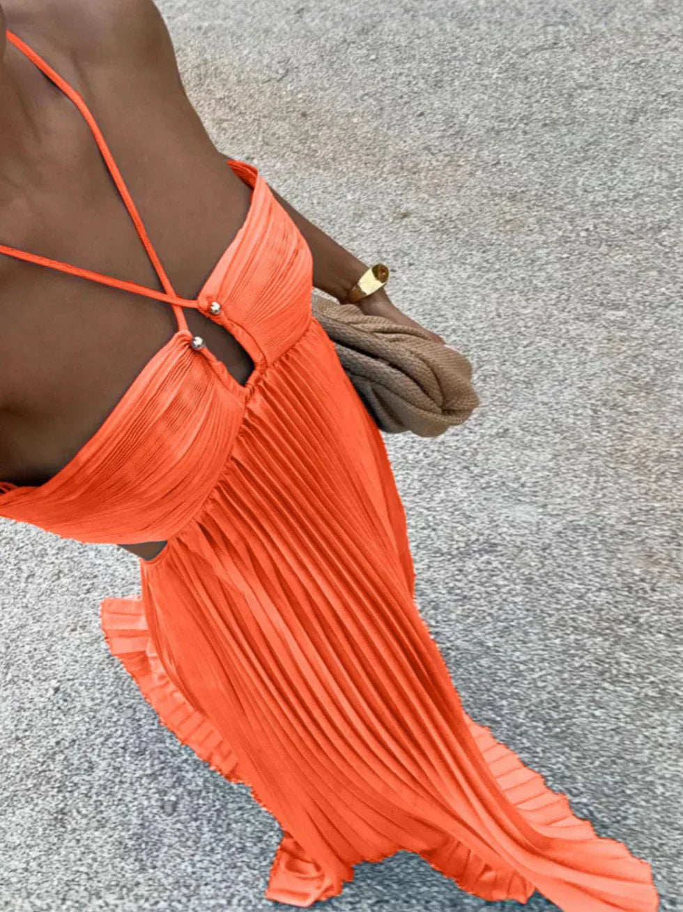 Women's Pleated Halter Neck Cutout Maxi Dress with Ruffle Hem
