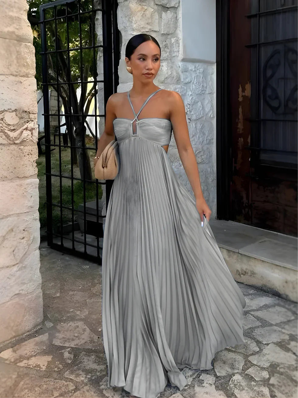 Women's Pleated Halter Neck Cutout Maxi Dress with Ruffle Hem