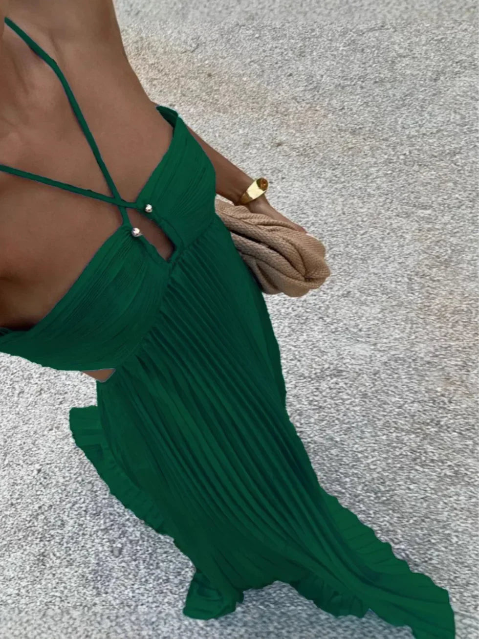 Women's Pleated Halter Neck Cutout Maxi Dress with Ruffle Hem