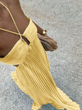 Women's Pleated Halter Neck Cutout Maxi Dress with Ruffle Hem