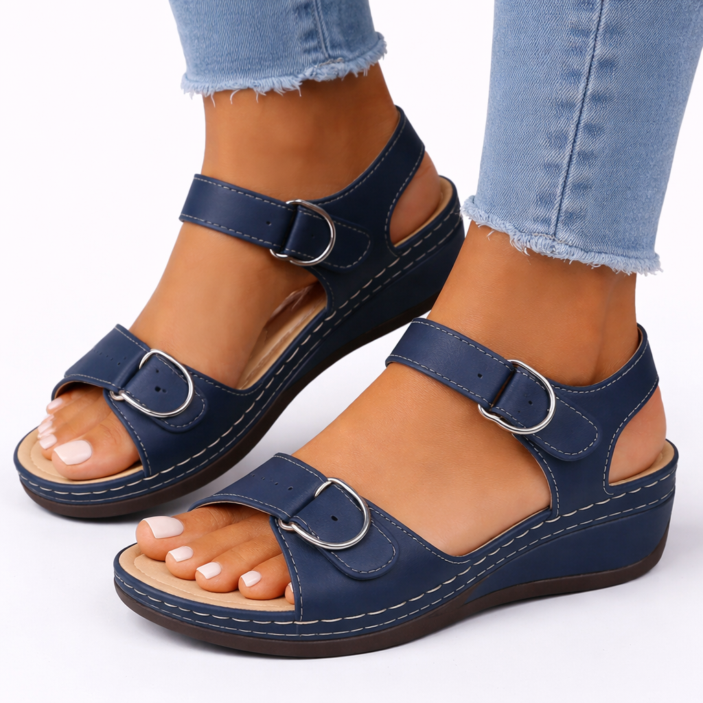 Sandales compensées confortables triple ajustement pour femme avec semelle rembourrée et bout ouvert