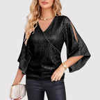 Damenbluse mit Pailletten, V-Ausschnitt und geteilten Ärmeln für elegante Anlässe