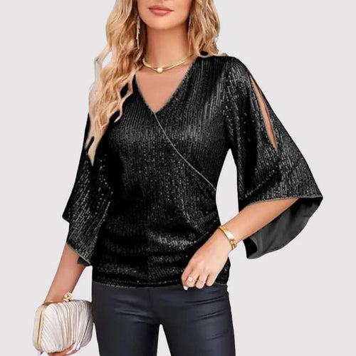 Blouse à paillettes pour femme avec col en V et manches fendues pour occasions élégantes
