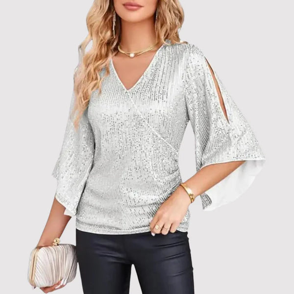 Damenbluse mit Pailletten, V-Ausschnitt und geteilten Ärmeln für elegante Anlässe