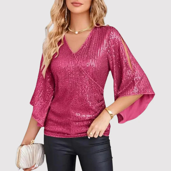 Damenbluse mit Pailletten, V-Ausschnitt und geteilten Ärmeln für elegante Anlässe