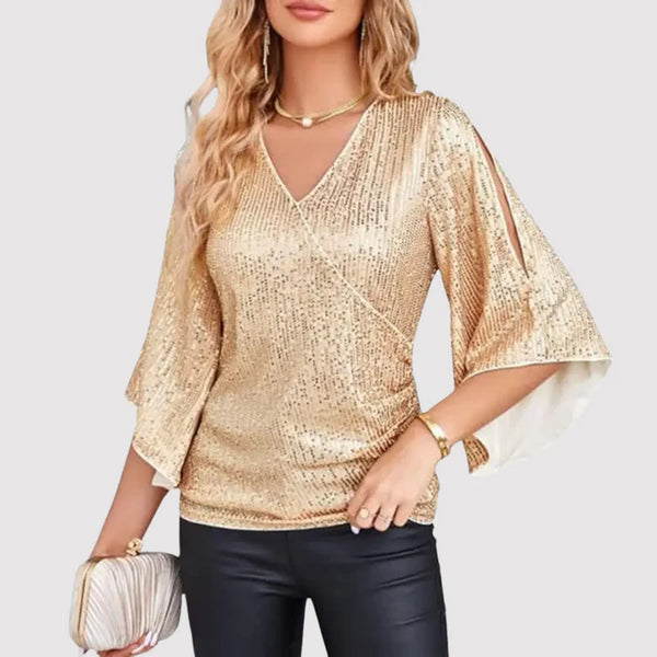 Damenbluse mit Pailletten, V-Ausschnitt und geteilten Ärmeln für elegante Anlässe