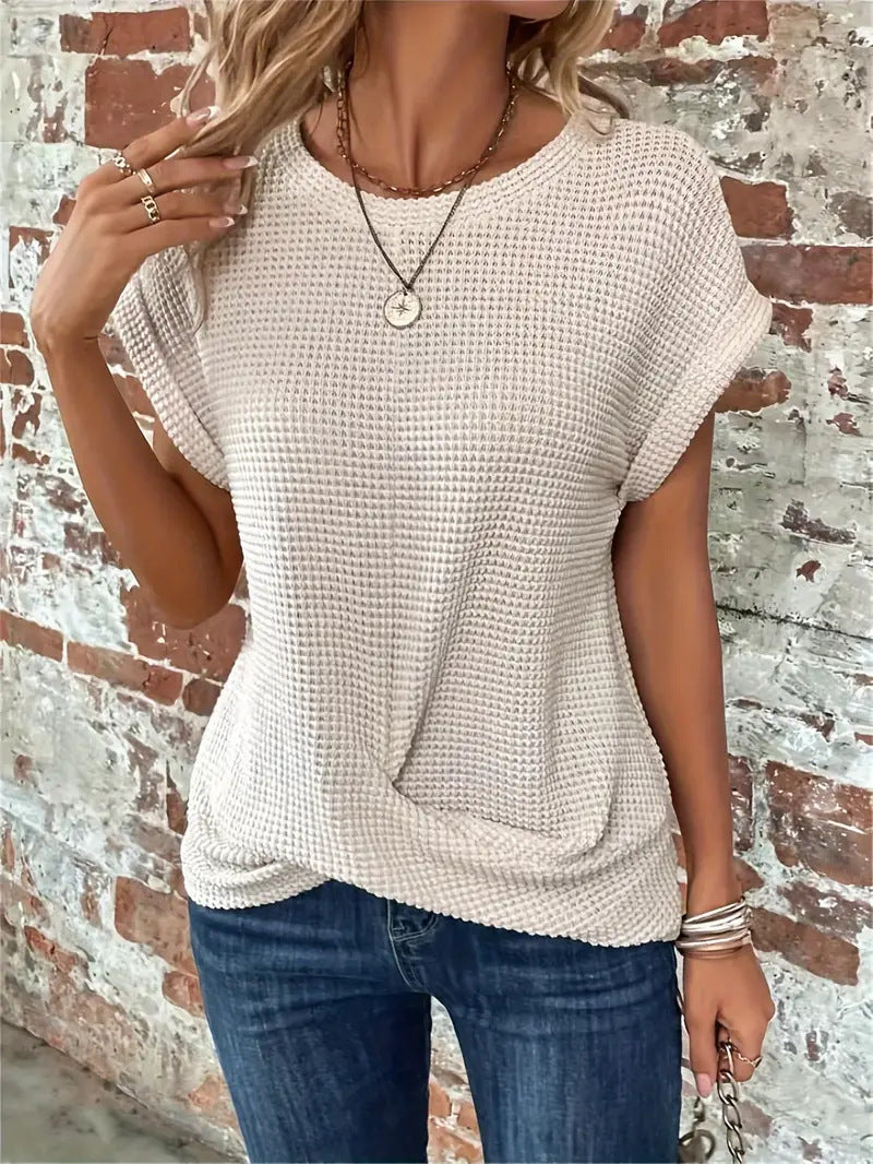Women's Textured Waffle Knit Top with Rolled Cap Sleeves
