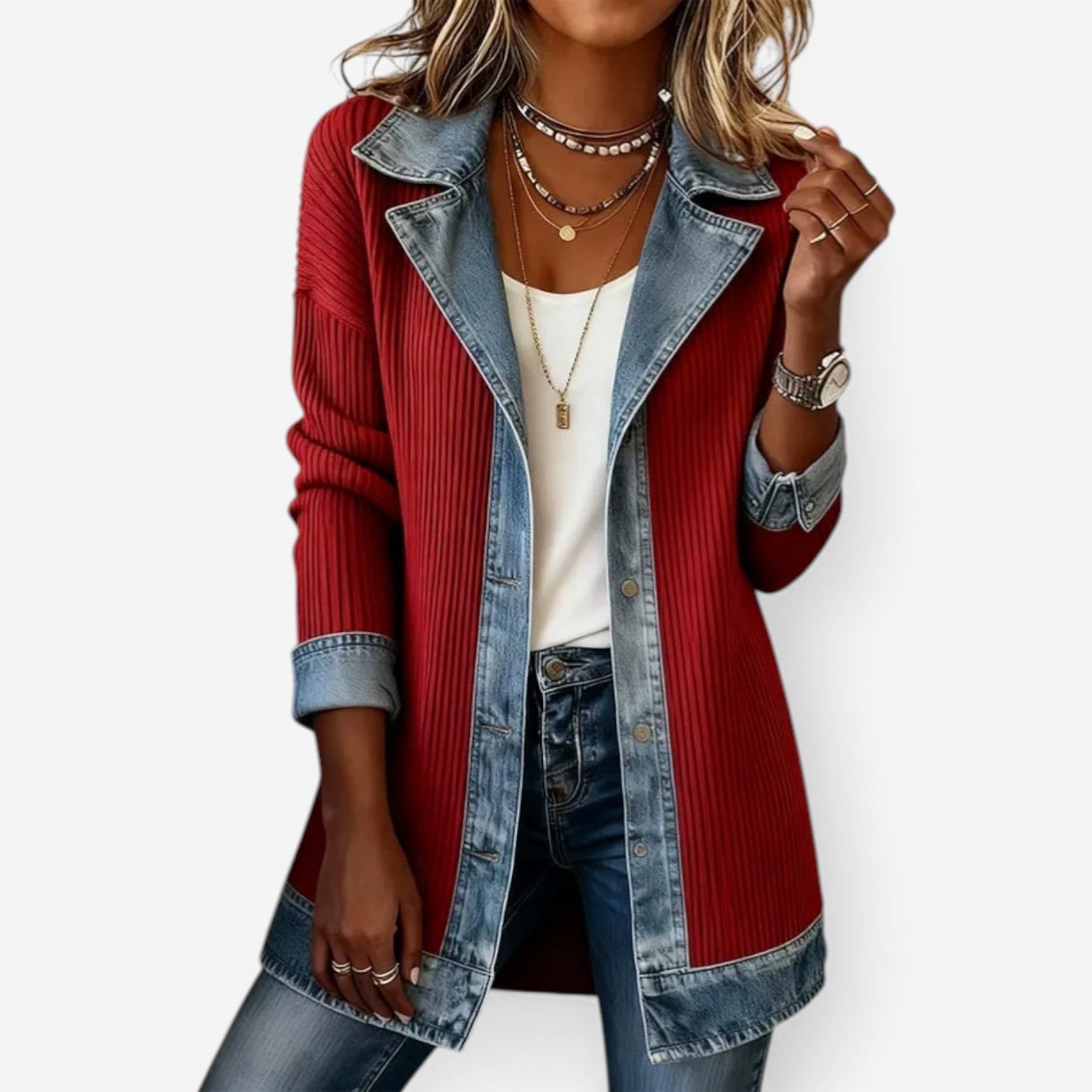 Women's Ribbed Knit Denim Trim Open-Front Cardigan Jacket