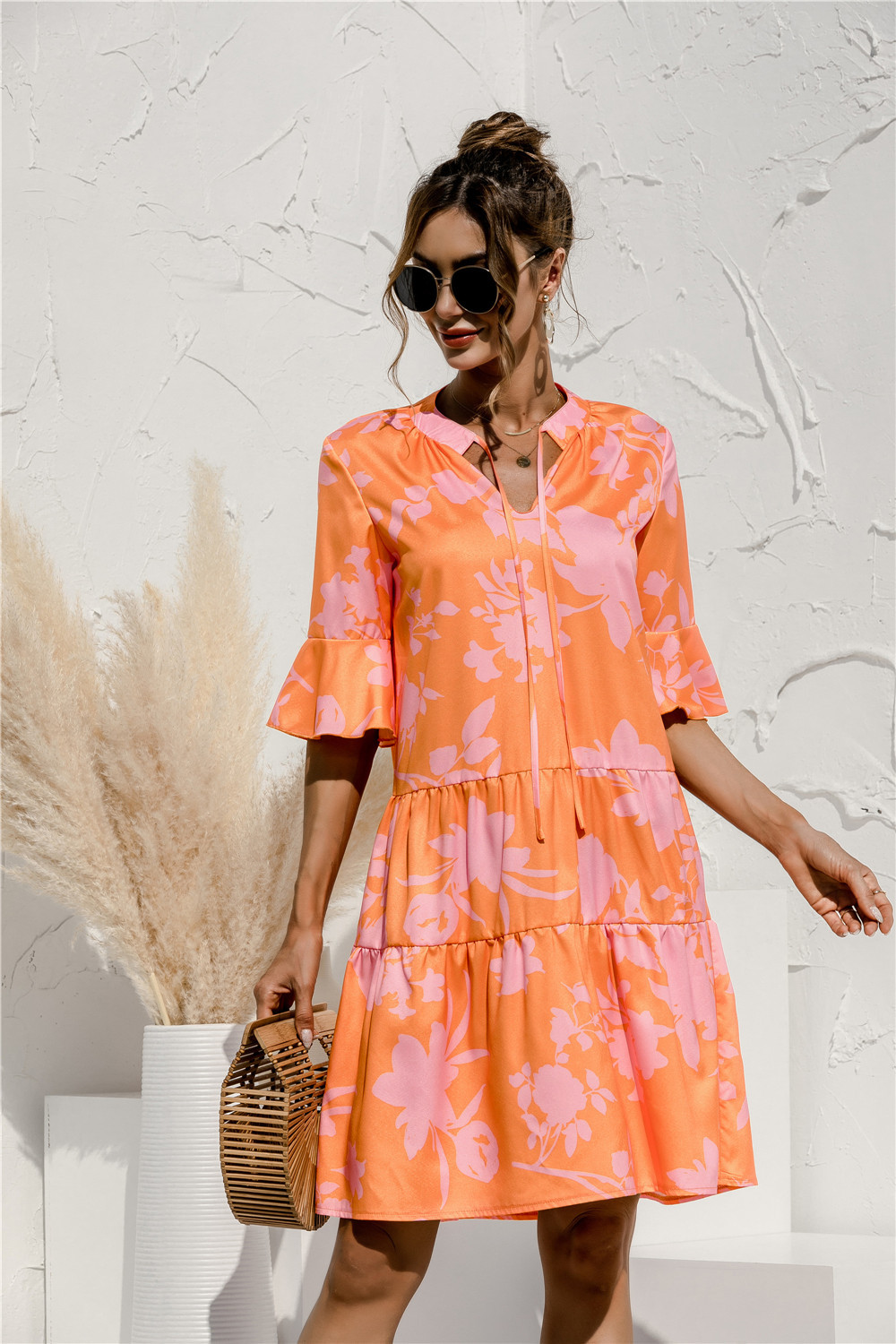 Women's Floral Mini Dress for Relaxed Summer Days and Holidays