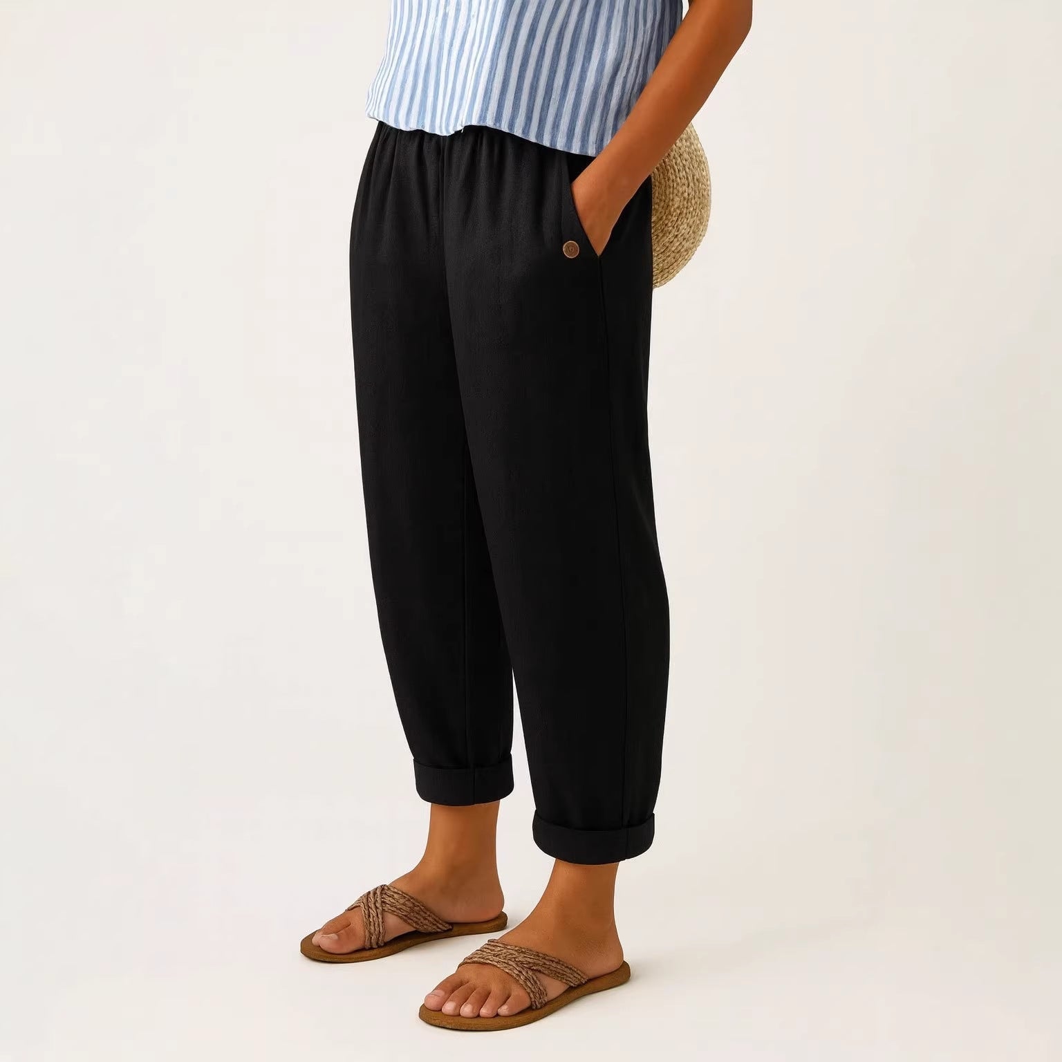 Pantalon décontracté pour femme à taille haute, coupe fuselée, avec poches latérales  