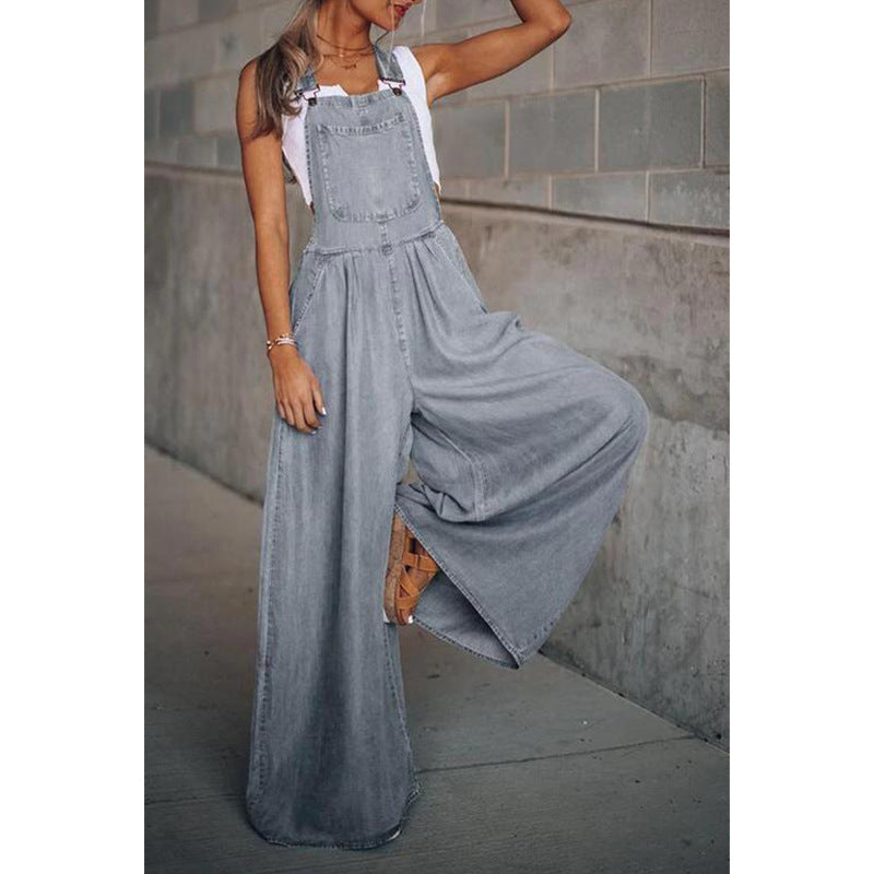 Damen Denim-Overall mit weitem Bein und verstellbarem Trägerdesign