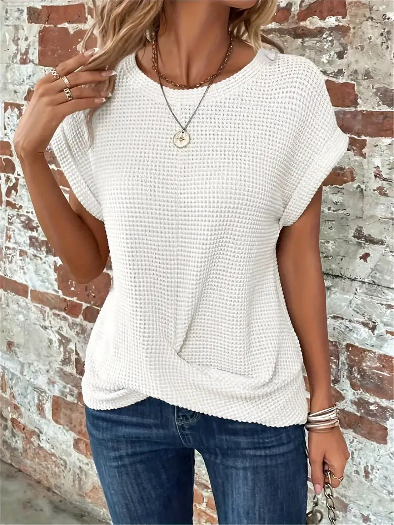 Women's Textured Waffle Knit Top with Rolled Cap Sleeves