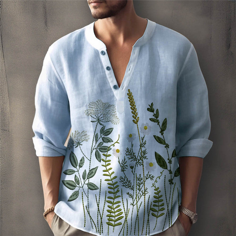 Men's Linen Shirt with Botanical Print and Relaxed Fit Button Neck