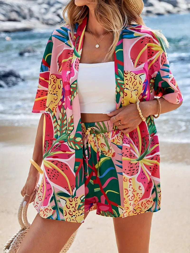 Ensemble kimono cardigan à imprimé floral et short à cordon pour femme