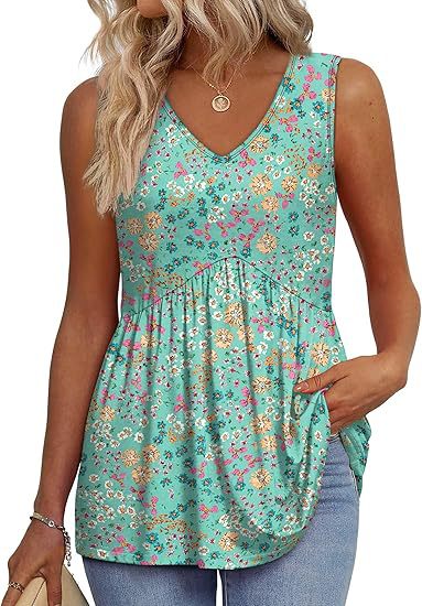 Women's Textured Sleeveless V-Neck Tunic Top with Flowing Pleated Hem