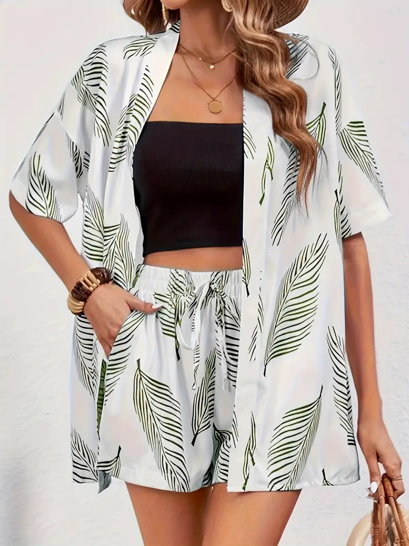 Ensemble kimono cardigan à imprimé floral et short à cordon pour femme