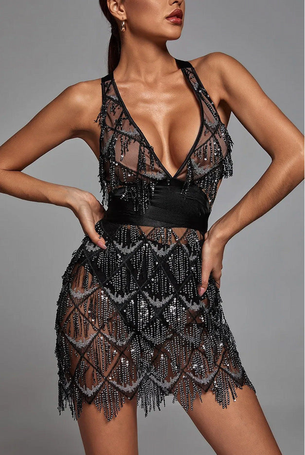 Women's Embellished Fringe Mini Dress with Plunging V-Neck for Parties