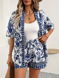 Damen-Set mit Kimono-Cardigan und Shorts mit Blumenmuster und Kordelzug