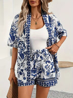 Damen-Set mit Kimono-Cardigan und Shorts mit Blumenmuster und Kordelzug