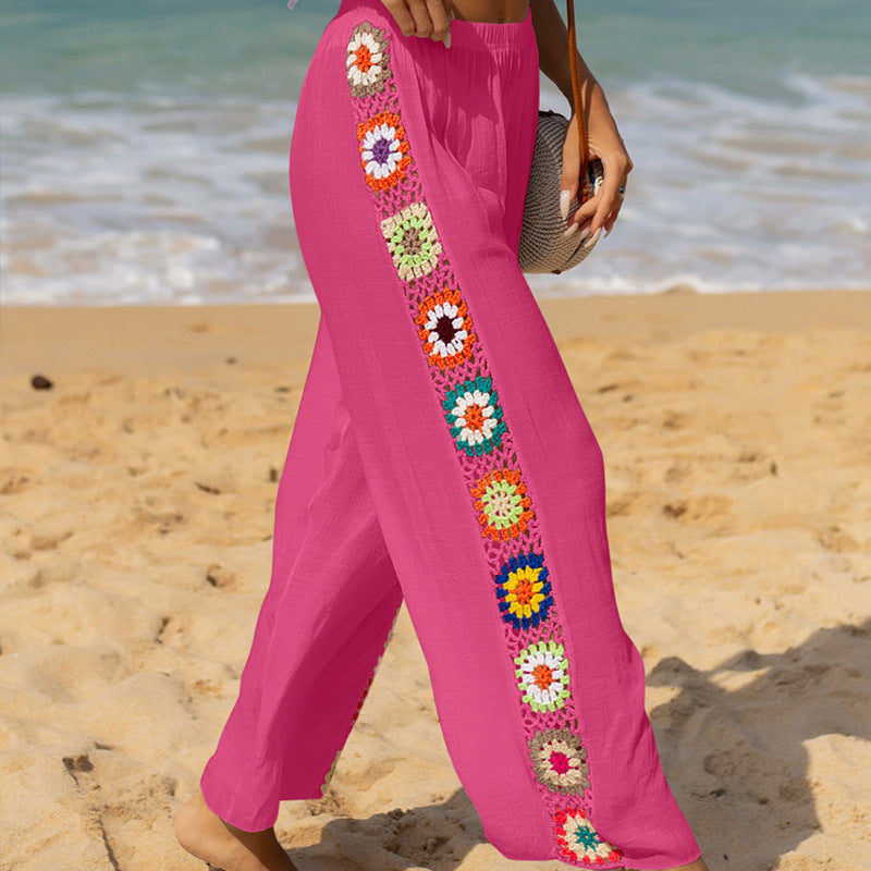 Damenhose mit weitem Bein, Häkelblumendetail an der Seite und lockerem Schnitt