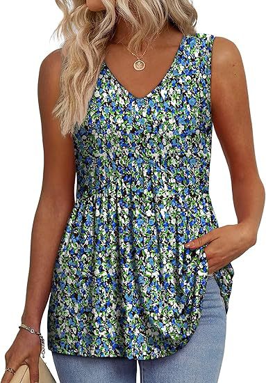 Women's Textured Sleeveless V-Neck Tunic Top with Flowing Pleated Hem