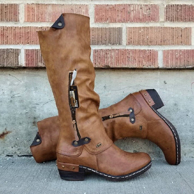 Women's Knee-High Pocket Zip Low Heel Boots