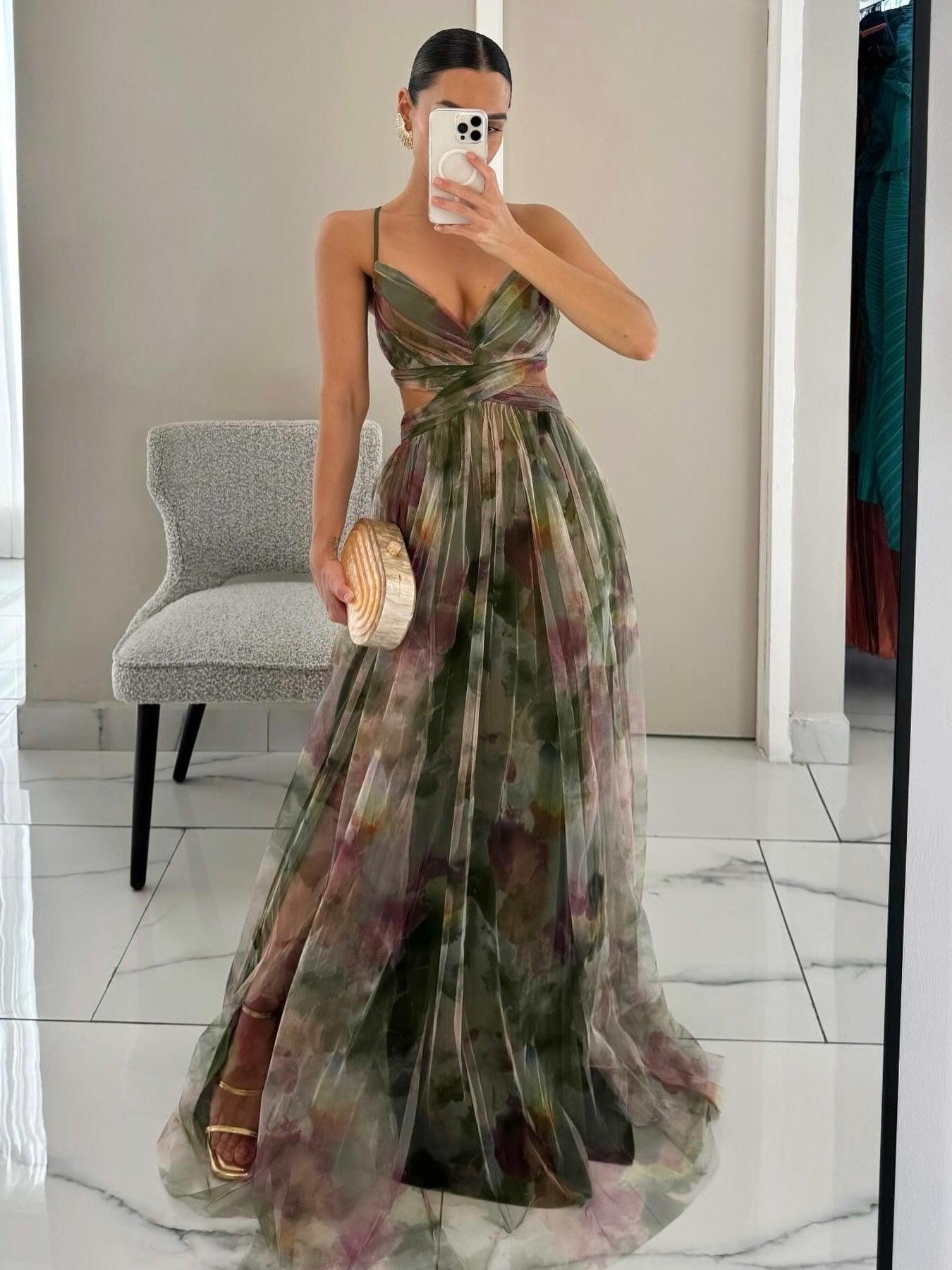 Women Elegant Tulle Maxi Dress with Watercolour Floral Print and Flowing Fit
