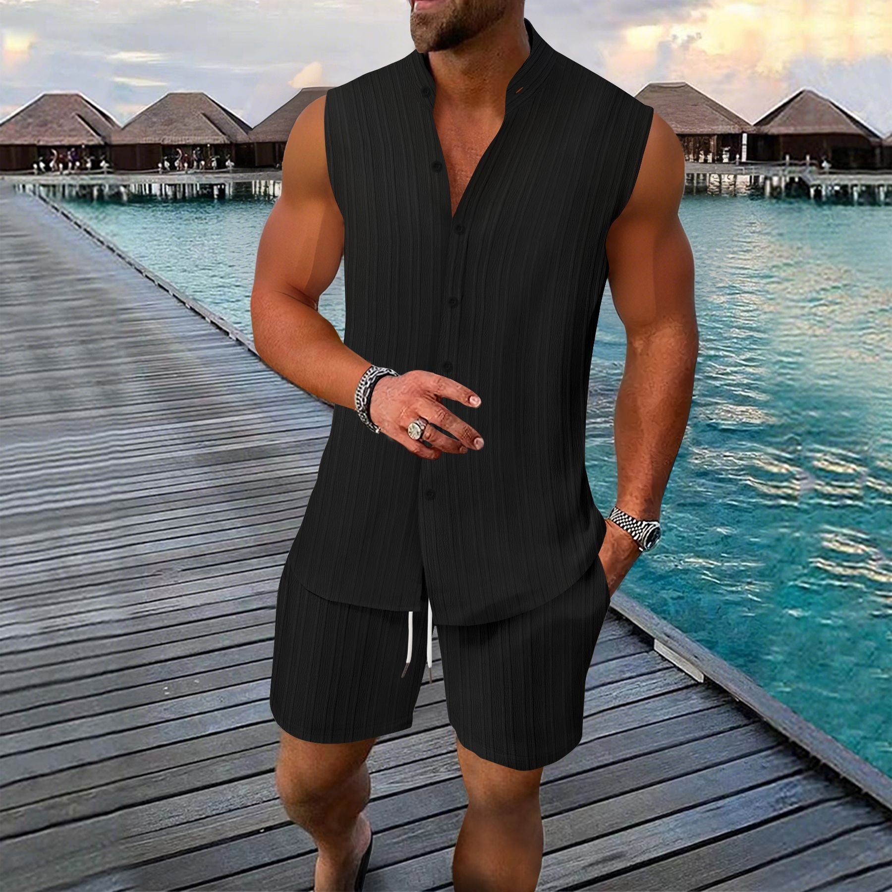 Men's Textured Two-Piece Set with Sleeveless Shirt and Relaxed Fit Shorts