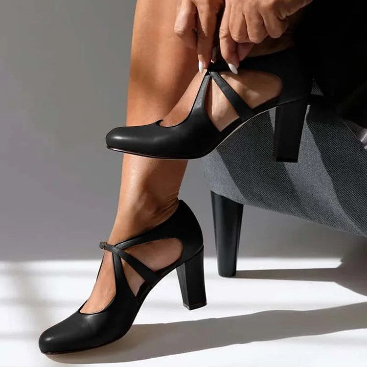 Escarpins à talon bloc et bout rond pour femme avec bride en T