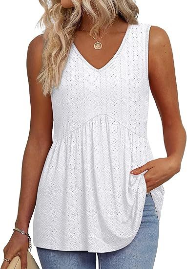 Women's Textured Sleeveless V-Neck Tunic Top with Flowing Pleated Hem