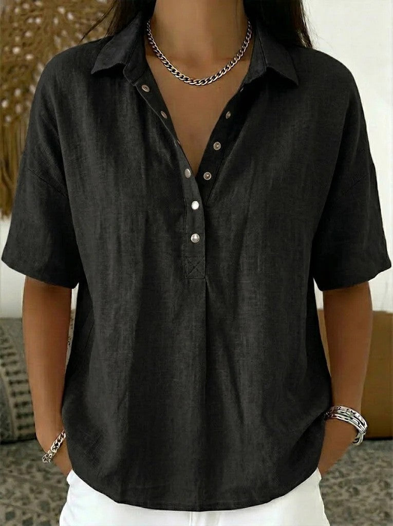 Women's Cotton Linen Blouse with Short Sleeves and Collared V-Neck