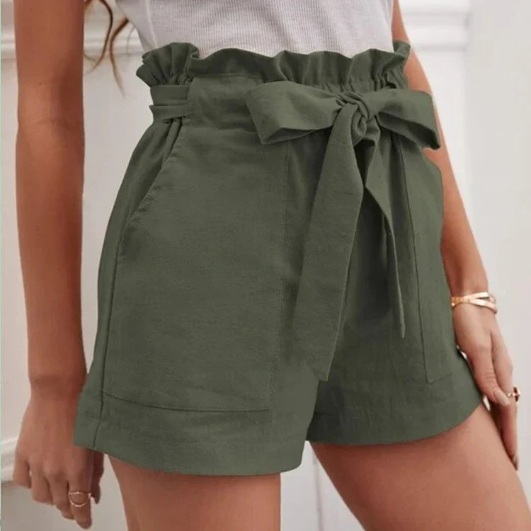Women's High-Waisted Linen Blend Shorts with Tie Waist and Relaxed Fit