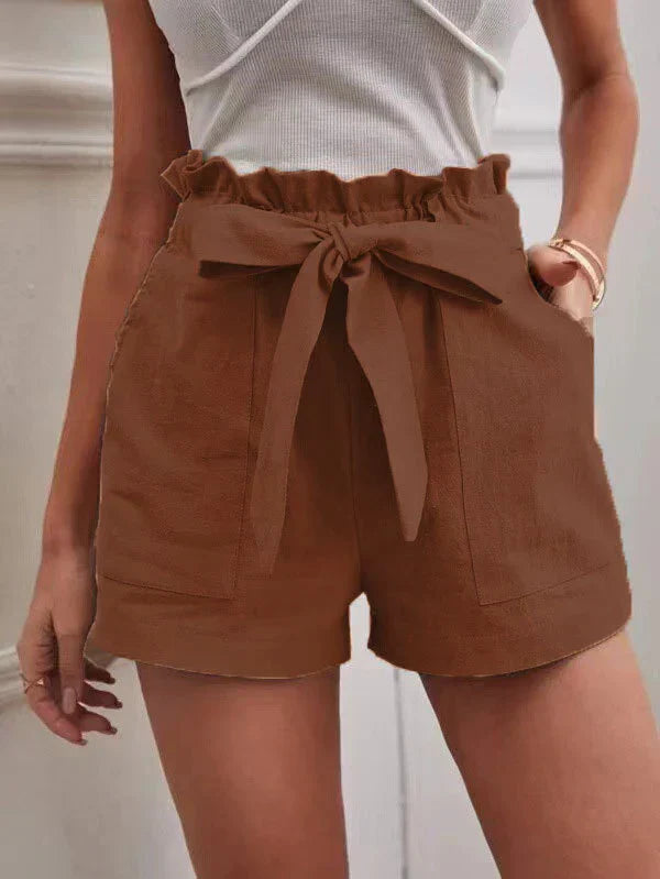 Women's High-Waisted Linen Blend Shorts with Tie Waist and Relaxed Fit
