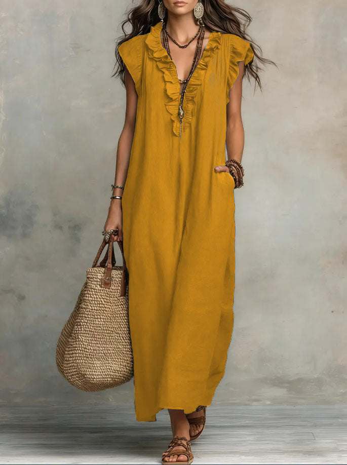 Robe maxi décontractée pour femme à col en V avec bordure à volants et poches latérales pratiques  