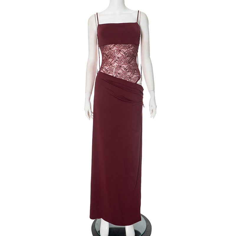 Damen Maxikleid mit Spitzeneinsatz und Trägerdetail für elegante Abendgarderobe