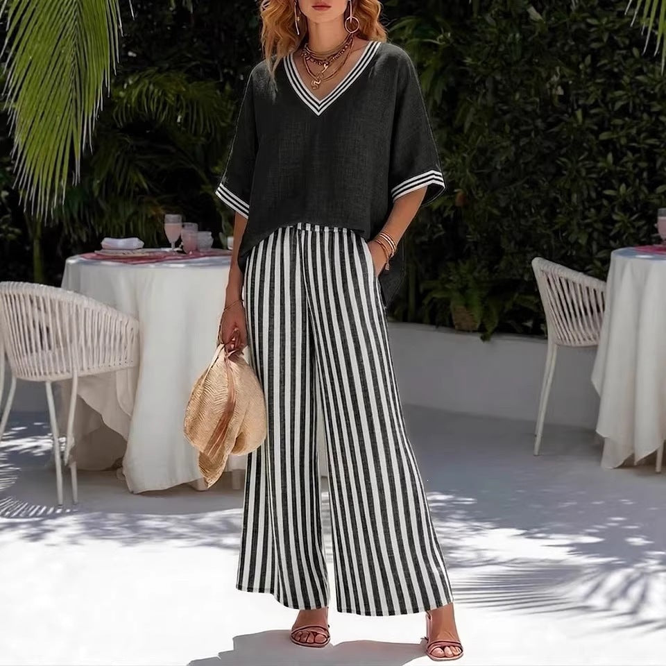 Ensemble pour femme composé d'un haut oversize à col en V et d'un pantalon large rayé
