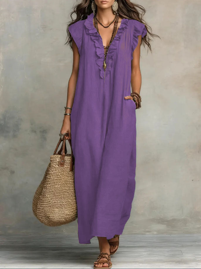 Robe maxi décontractée pour femme à col en V avec bordure à volants et poches latérales pratiques  
