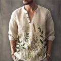 Herrenleinenhemd mit botanischem Print, Knopfleiste und lockerem Schnitt