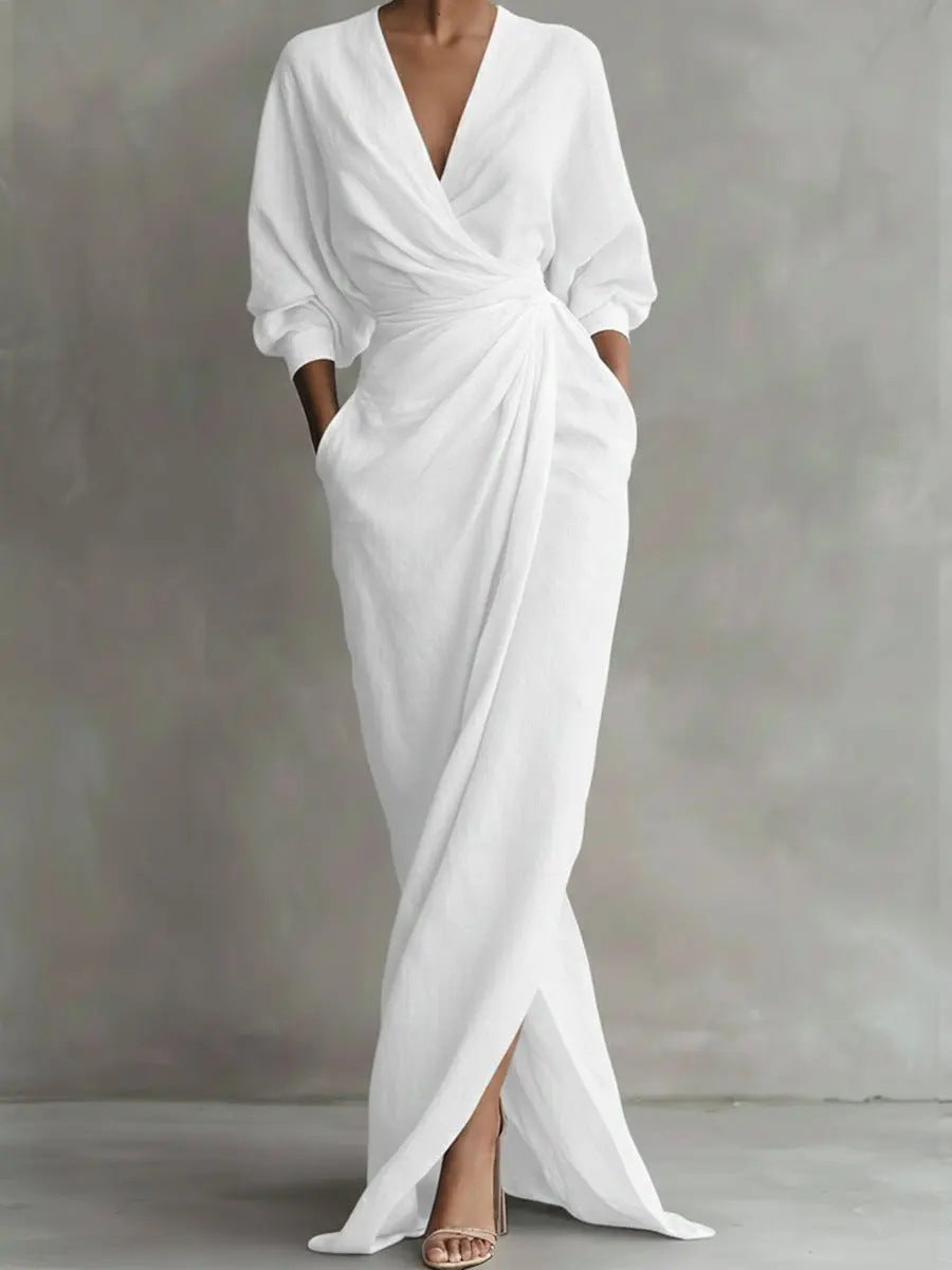 Robe maxi portefeuille drapée à col en V pour femme avec détail de taille torsadée