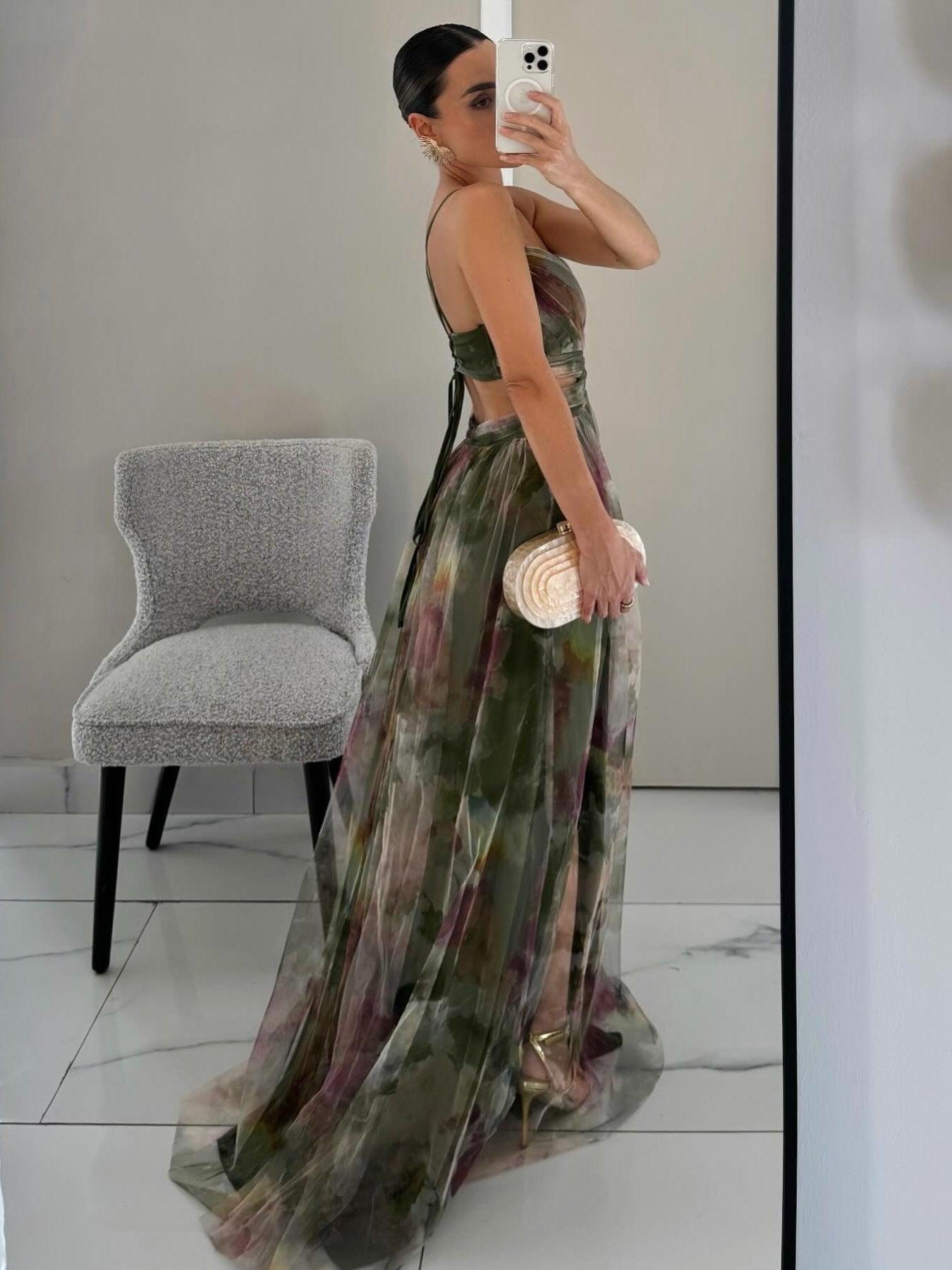 Damen elegantes Tüll-Maxikleid mit Aquarell-Blumenmuster und fließender Passform